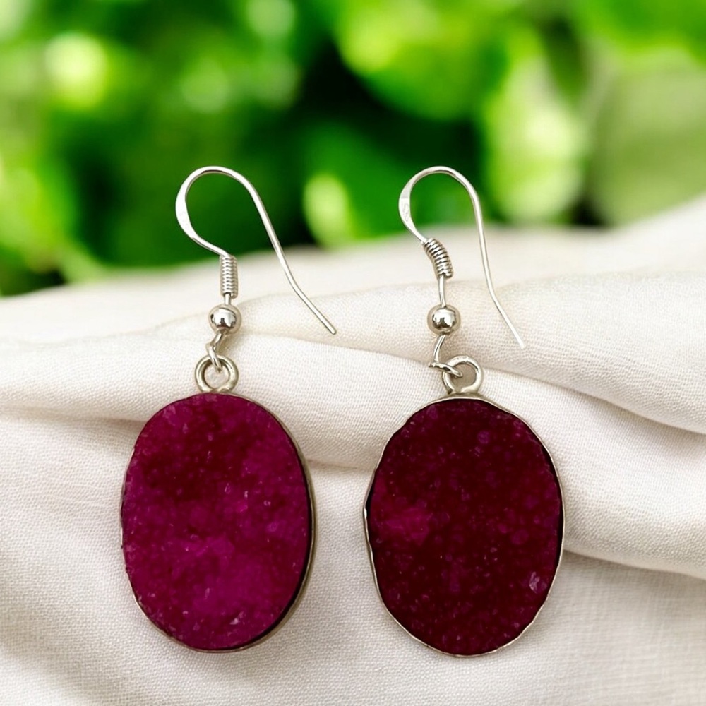 Handmade Pink Druzy Silver Earrings